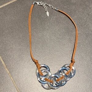 St. Thomas hammered silver rings on brown leather cord collar statement necklace